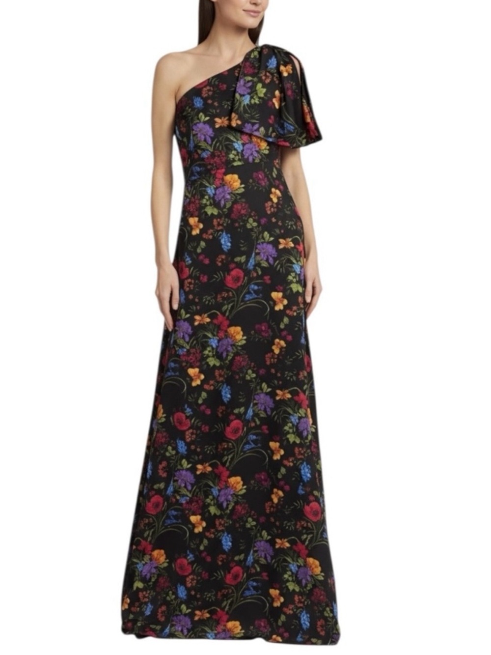 NWT Sachin + Babi Chelsea Noir Wildflower One-Shoulder Crinkle Georgette Gown